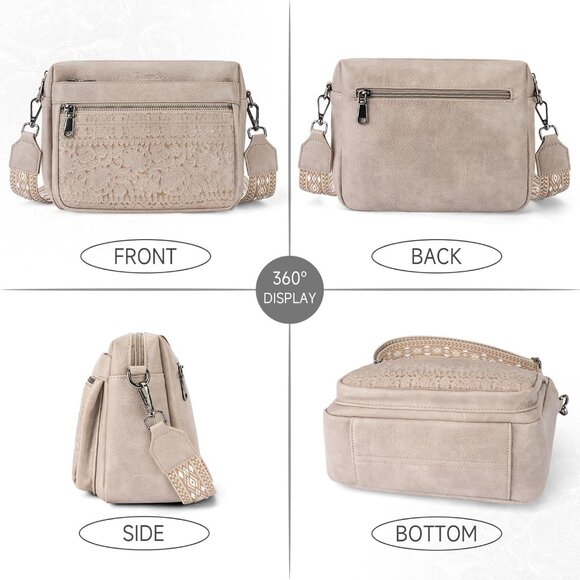 Trendy Vegan Leather Crossbody Bag with Embossed Flower Design, Multi Pocket, Li - Picture 6 of 6